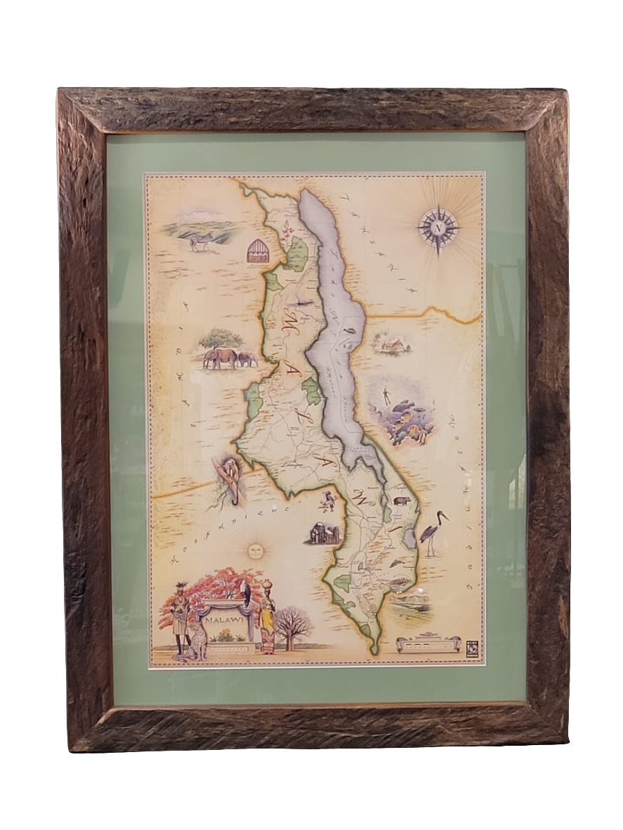MALAWI MAP IN DHOW WOOD FRAME
