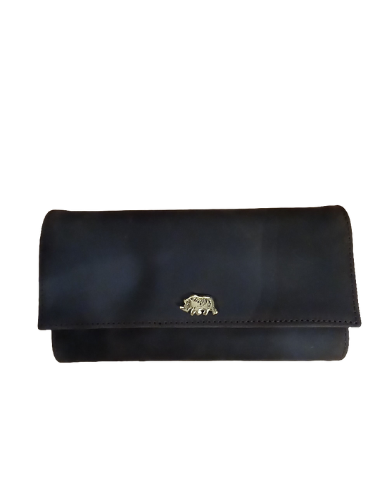 Mocca leather purse with brass rhino