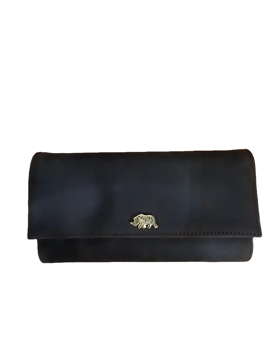 Mocca leather purse with brass rhino