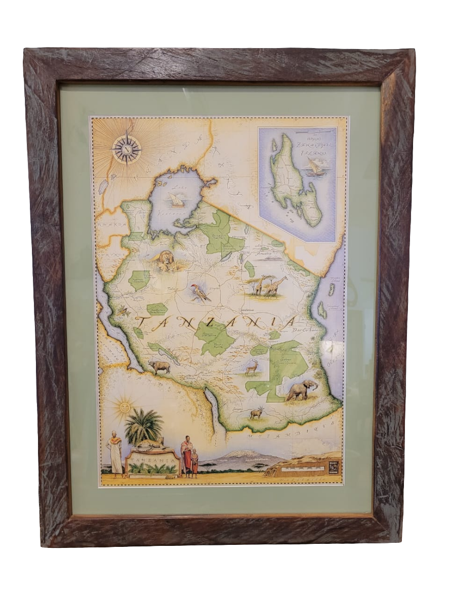 Tanzania Map in Dhow Wood Frame