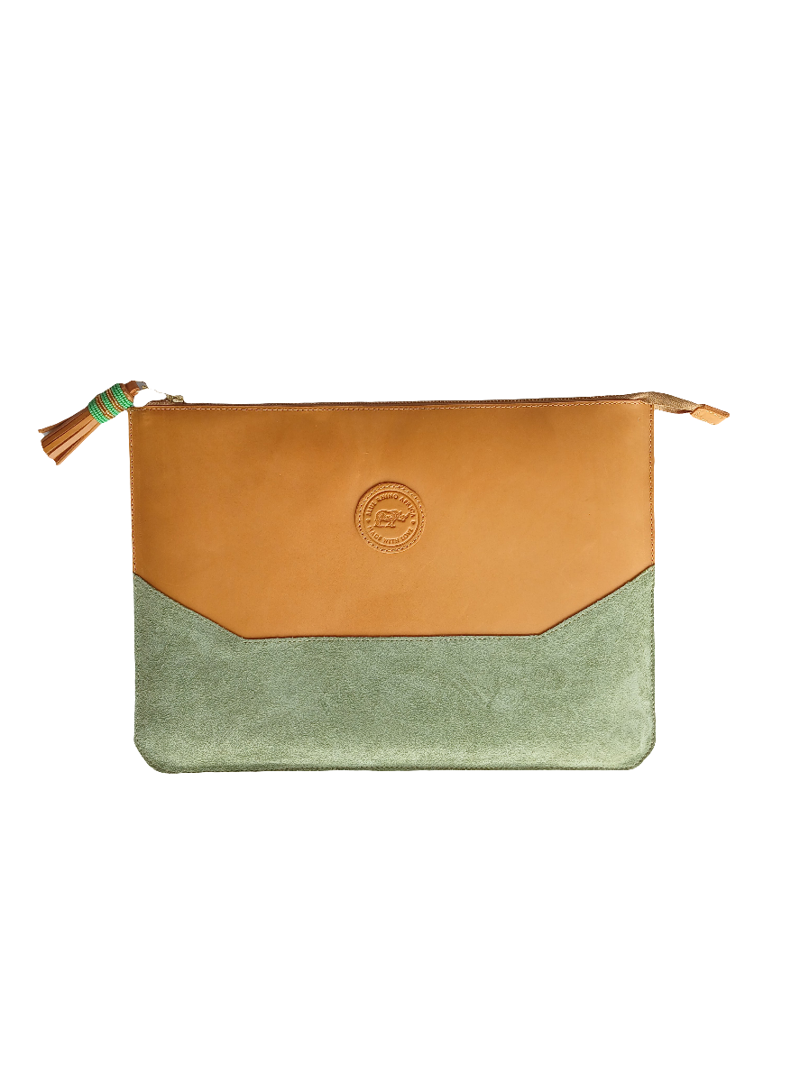 Tan and green laptop sleeve