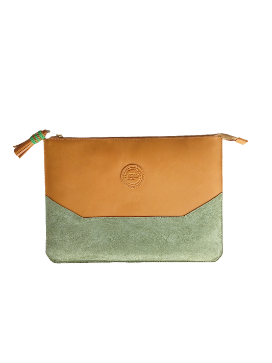 Tan and green laptop sleeve