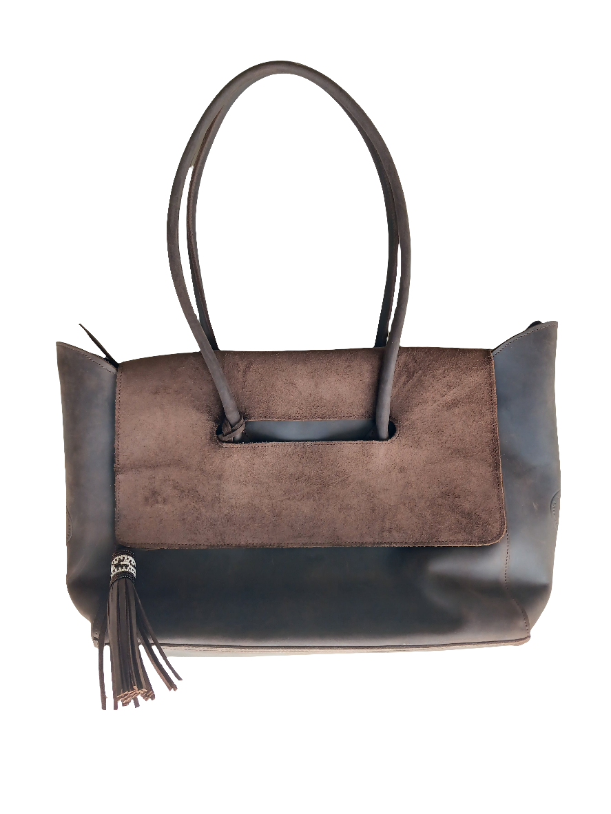 Mocca and suede tote bag with flap