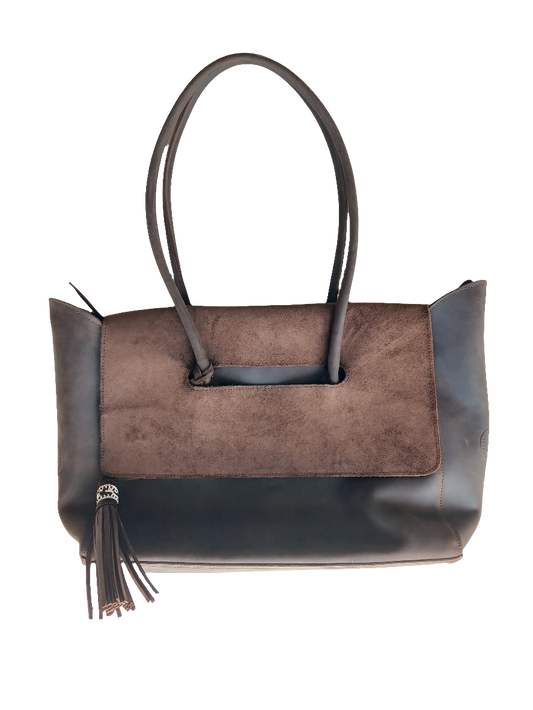 Mocca and suede tote bag with flap