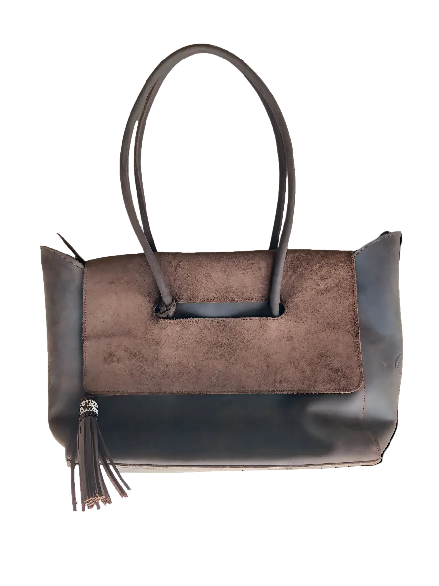 Mocca and suede tote bag with flap