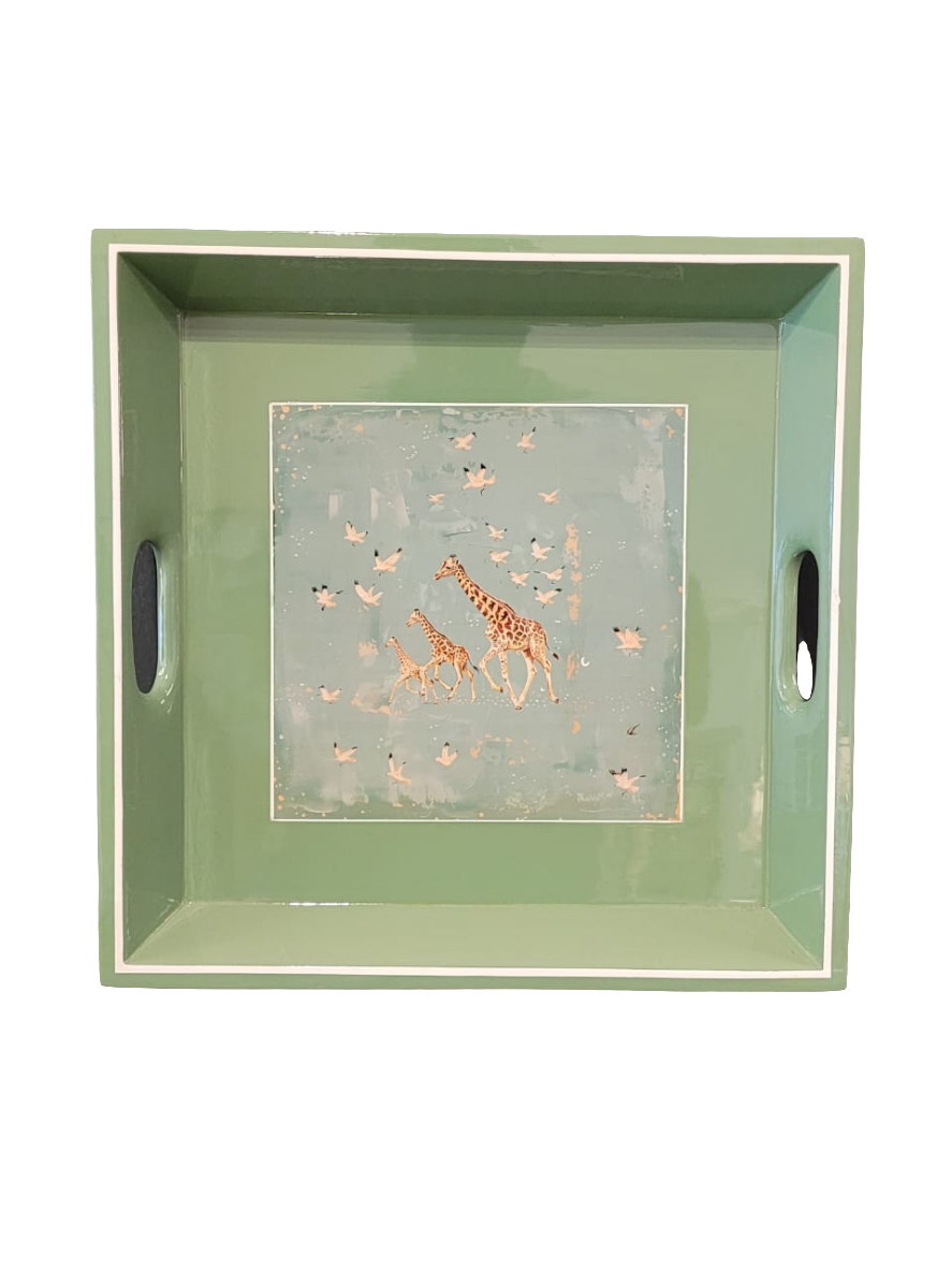 Running giraffe square tray green