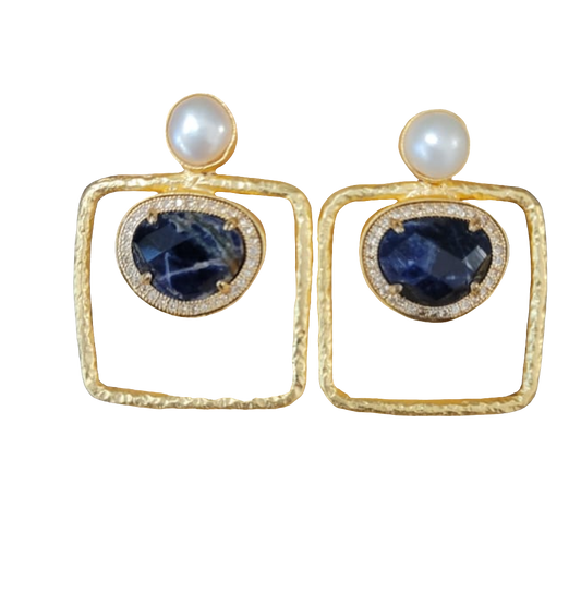 estones ese120 freshwater pearl & cz framed lapis lazuli earrings