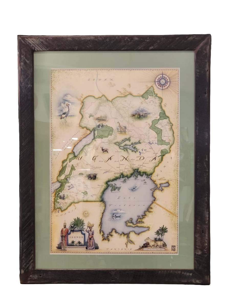 Uganda Map in Dhow Wood Frame