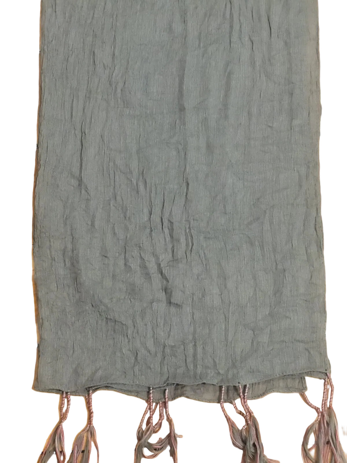 green scarf with pink tassels