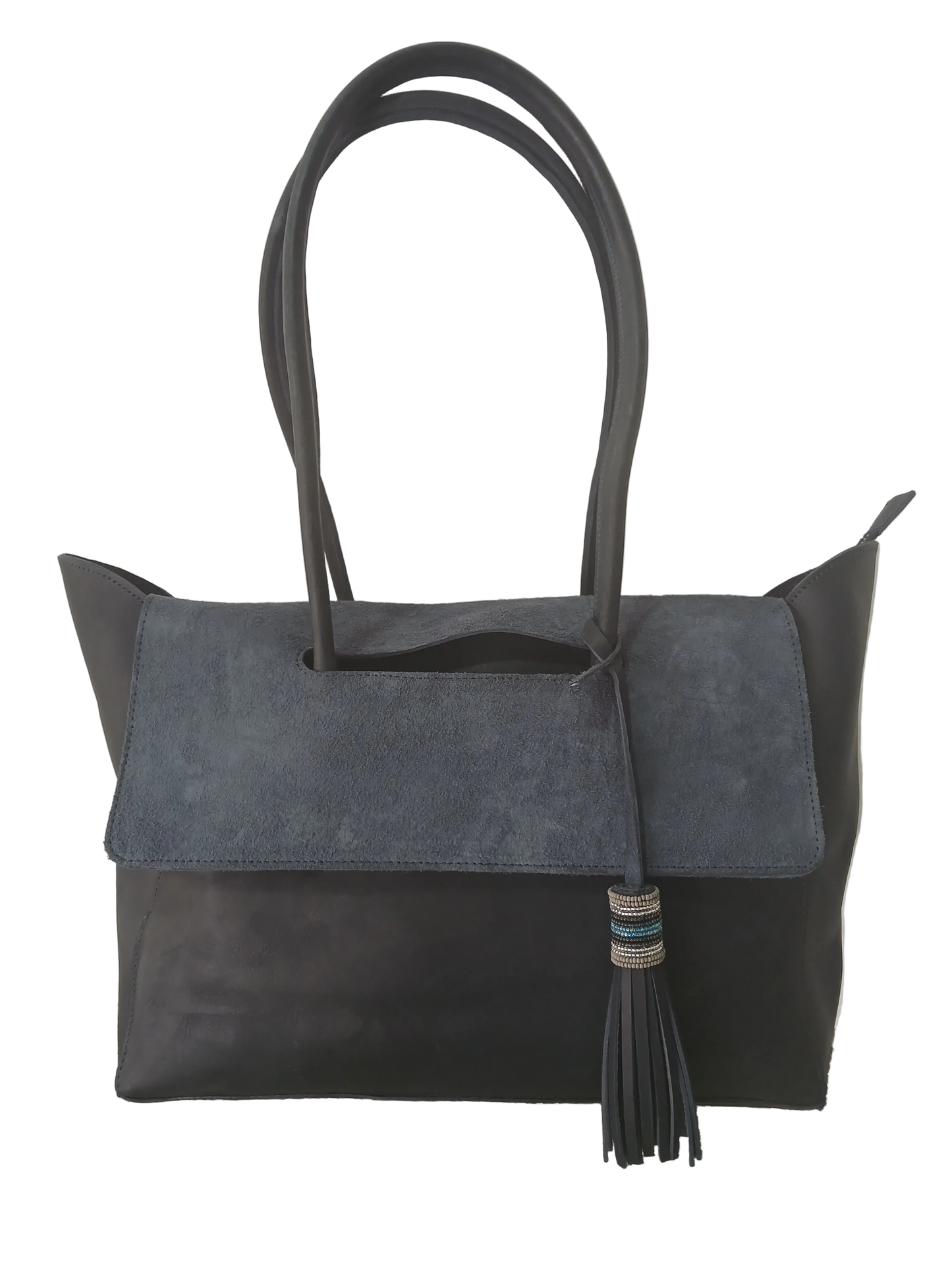 Blue leather and suede tote bag with flap