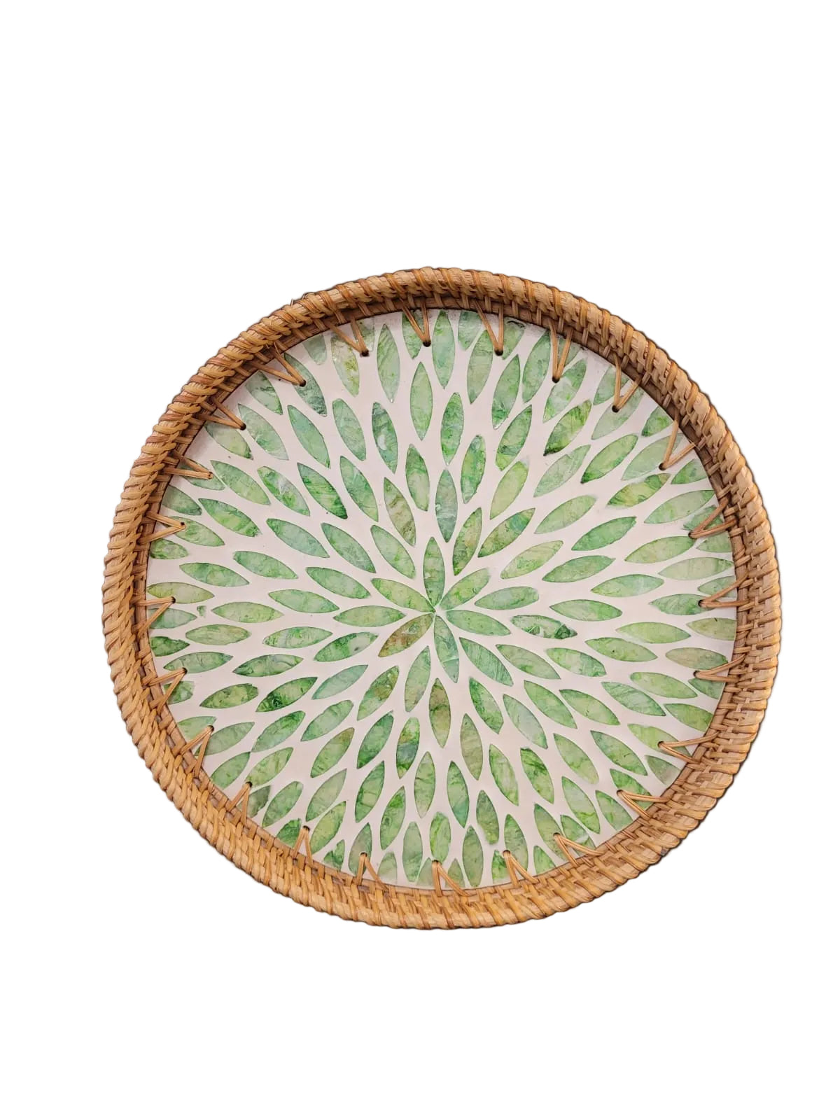 Round floral green rattan tray