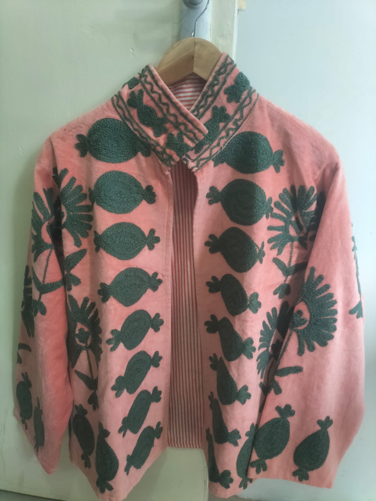Pastel pink jacket with sage green embroidery