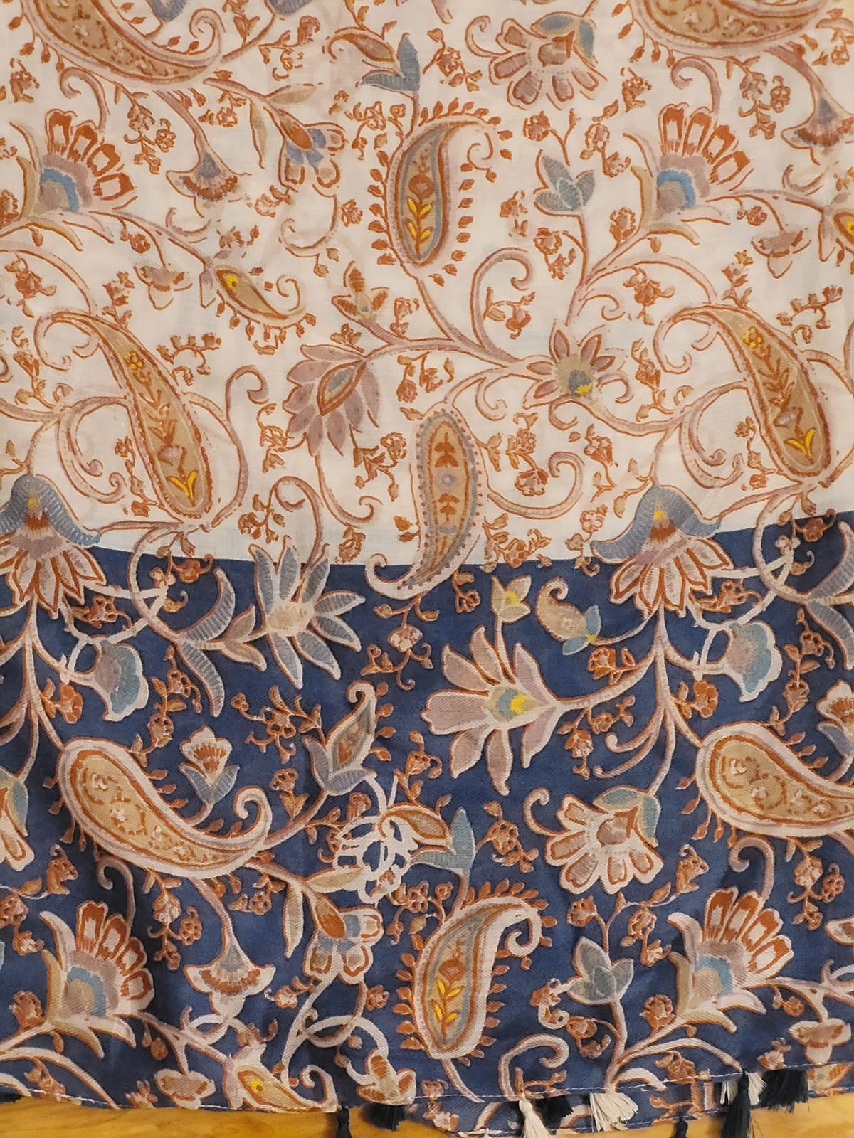 Orange/blue leaf pattern scarf