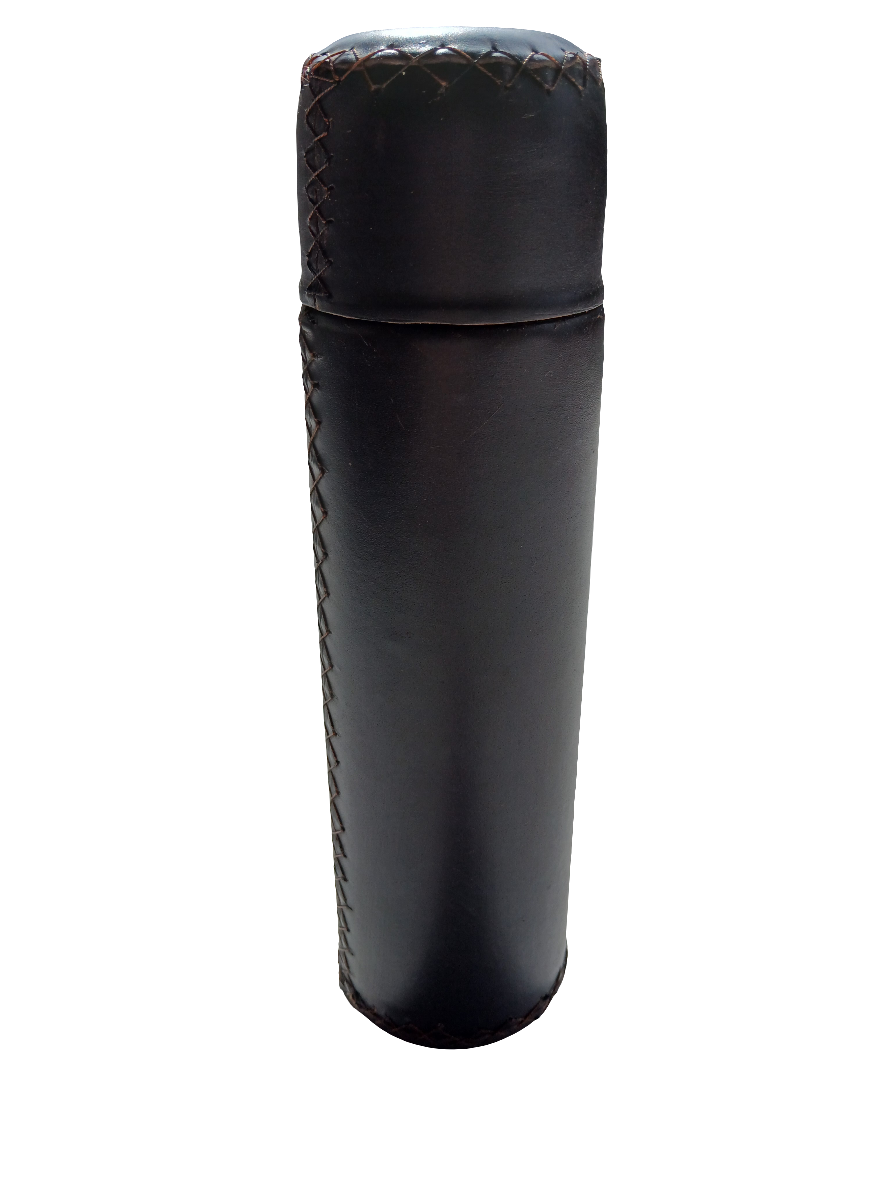 Brown leather-wrapped hip flask with bullet detail