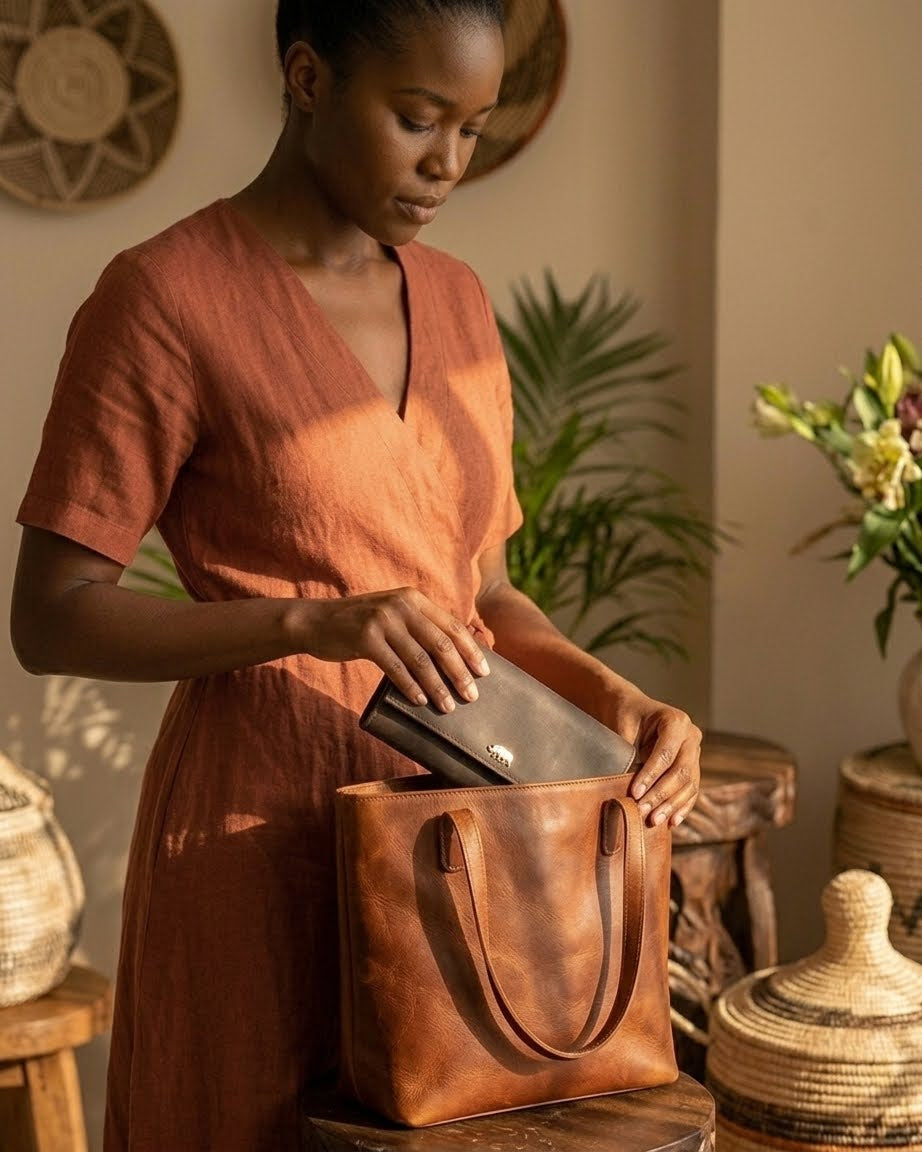 Mocca leather purse with brass rhino