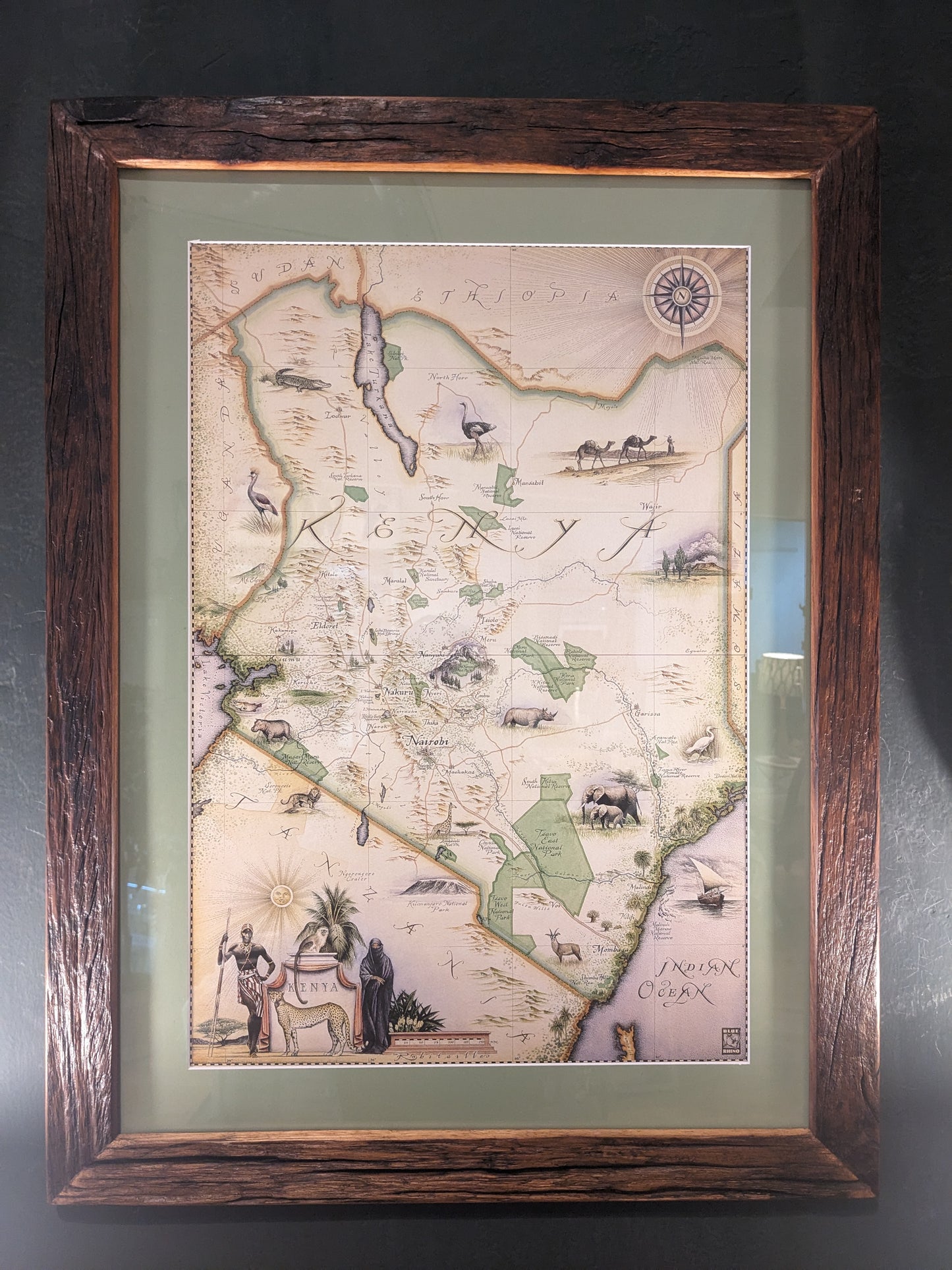 Kenya map in dhow wood frame