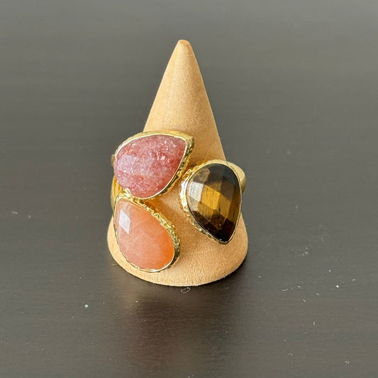 estones esr157 tiger eye, sunstone & strawberry quartz ring