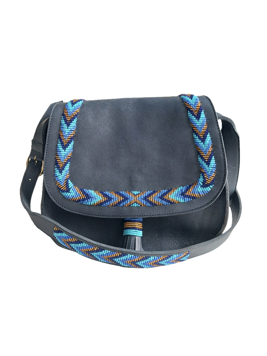 Navy leather blue beaded sling bag