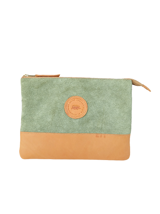 Green suede and tan pouch