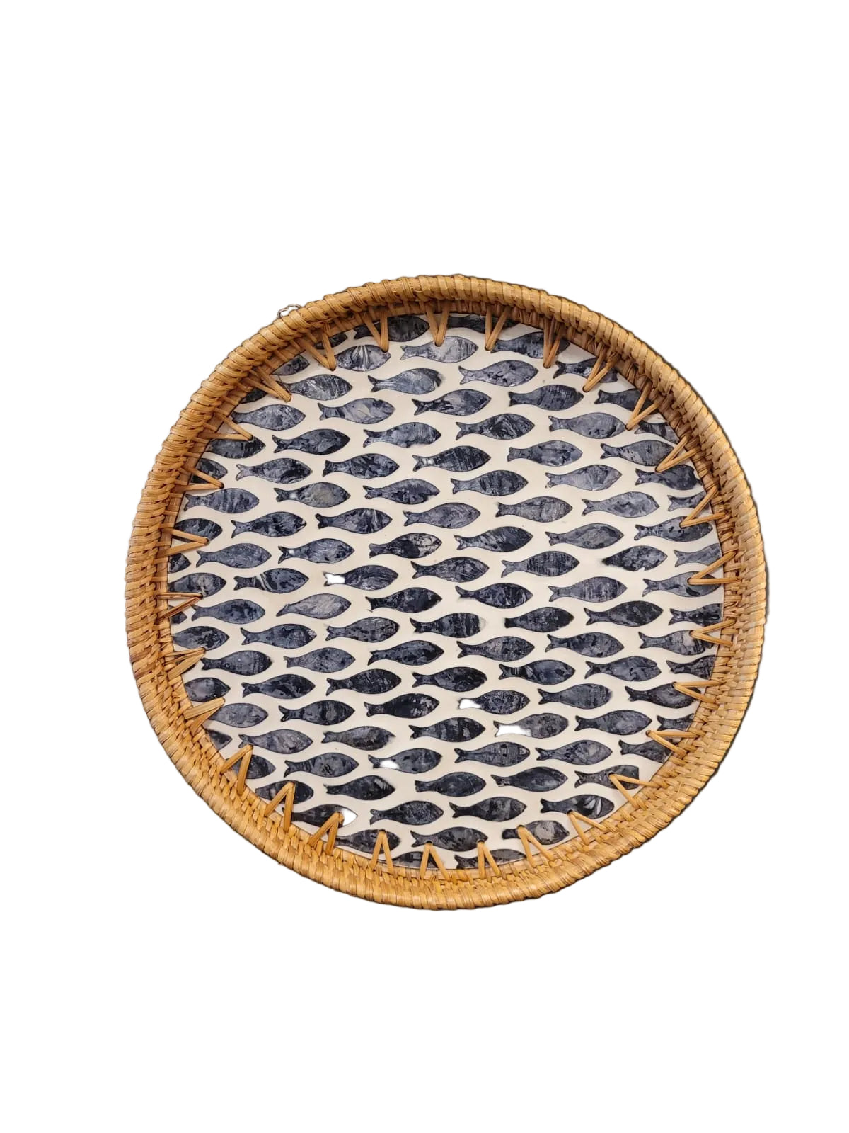 Round blue fish rattan tray