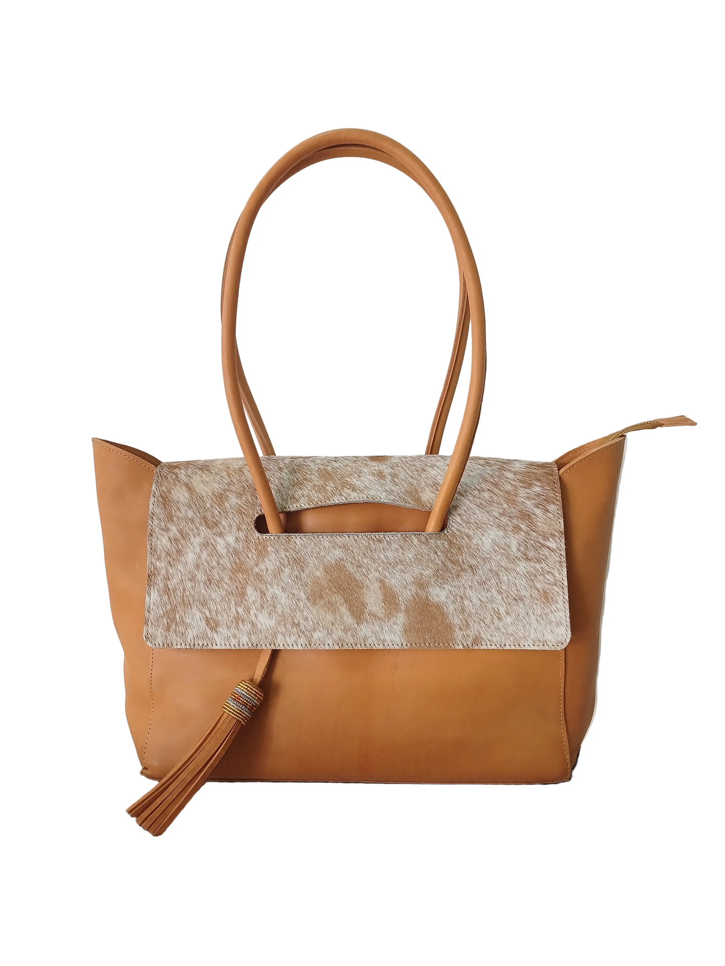 Tan leather and hide tote bag with flap