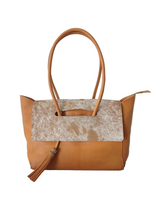 Tan leather and hide tote bag with flap