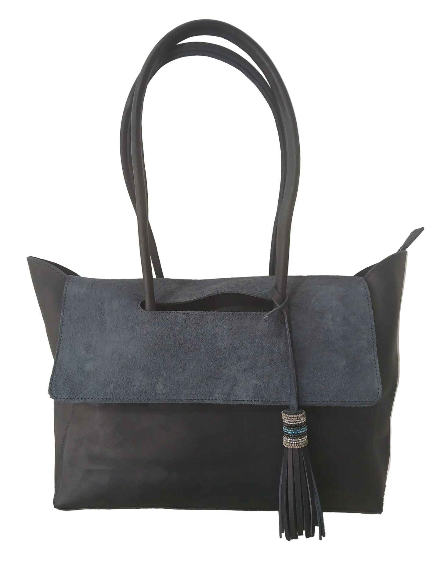 blue leather and suede tote bag with flap