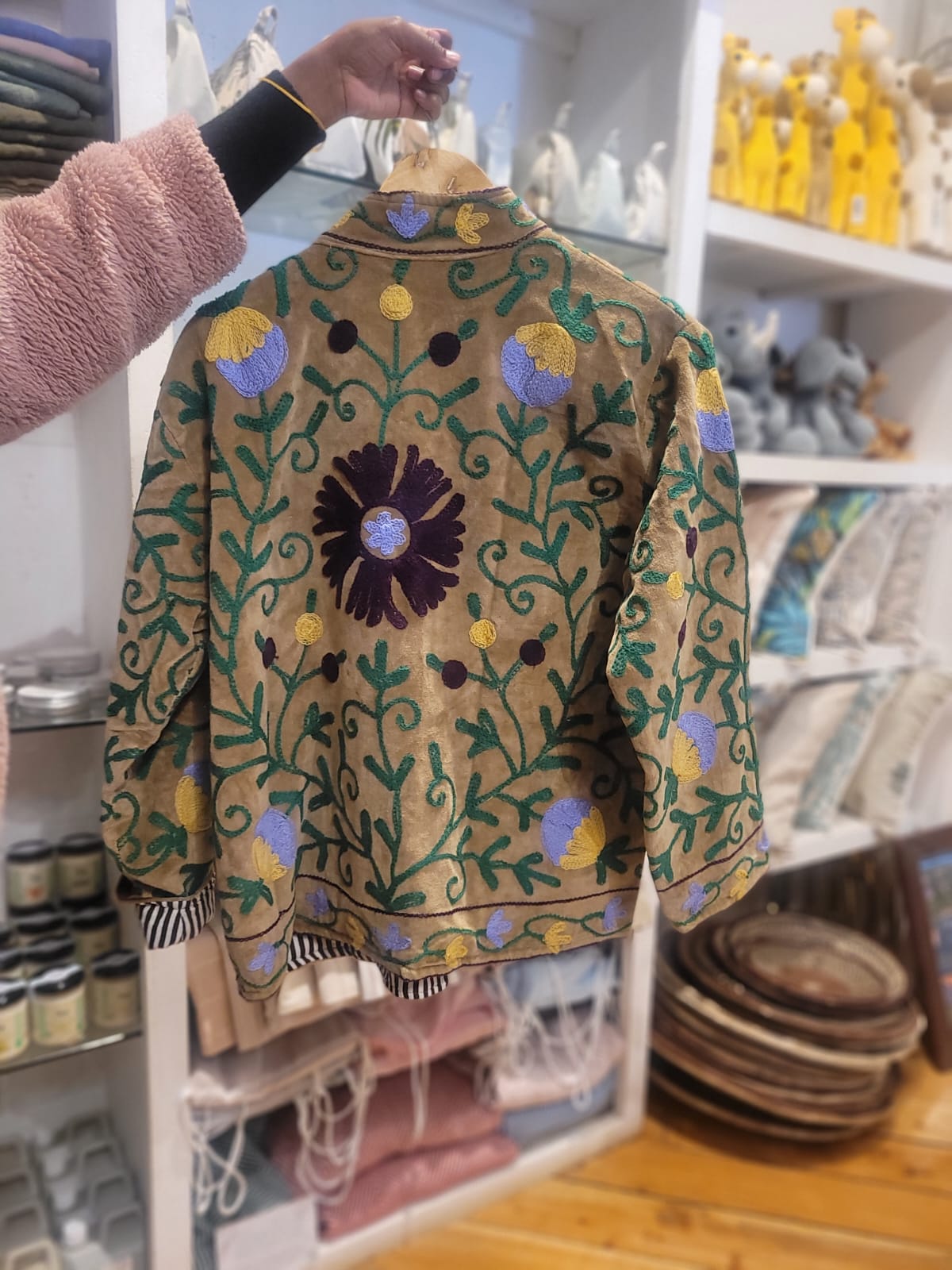 hse of saffron olive green jacket with purple/green leaves