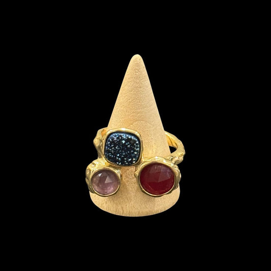 estones esr249 red beryl, amethyst, sugar druzy ring