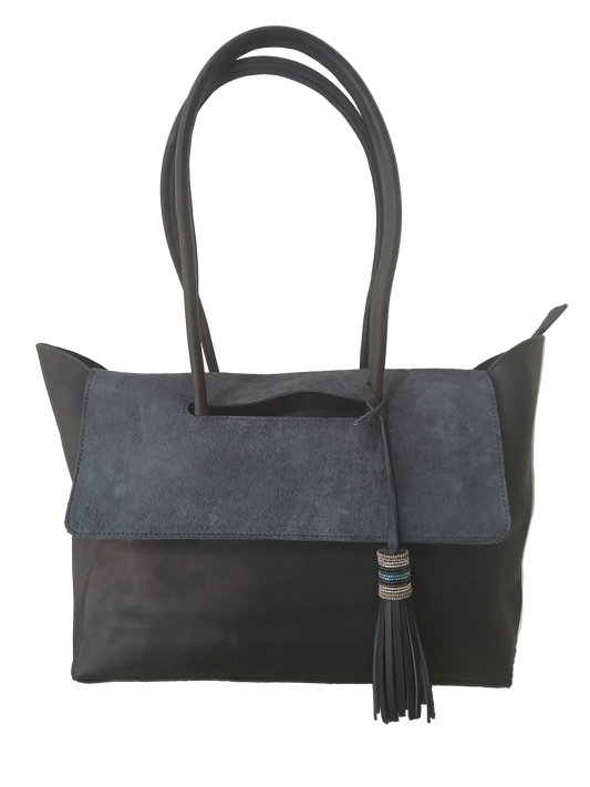 Blue leather and suede tote bag with flap