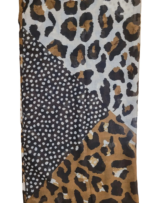 Jaguar print scarf with white and brown polka dots