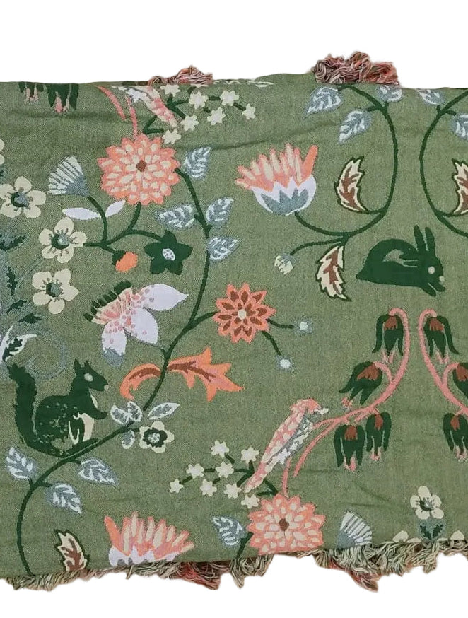 BR SAGE GREEN THROW WITH PINK FLOWER