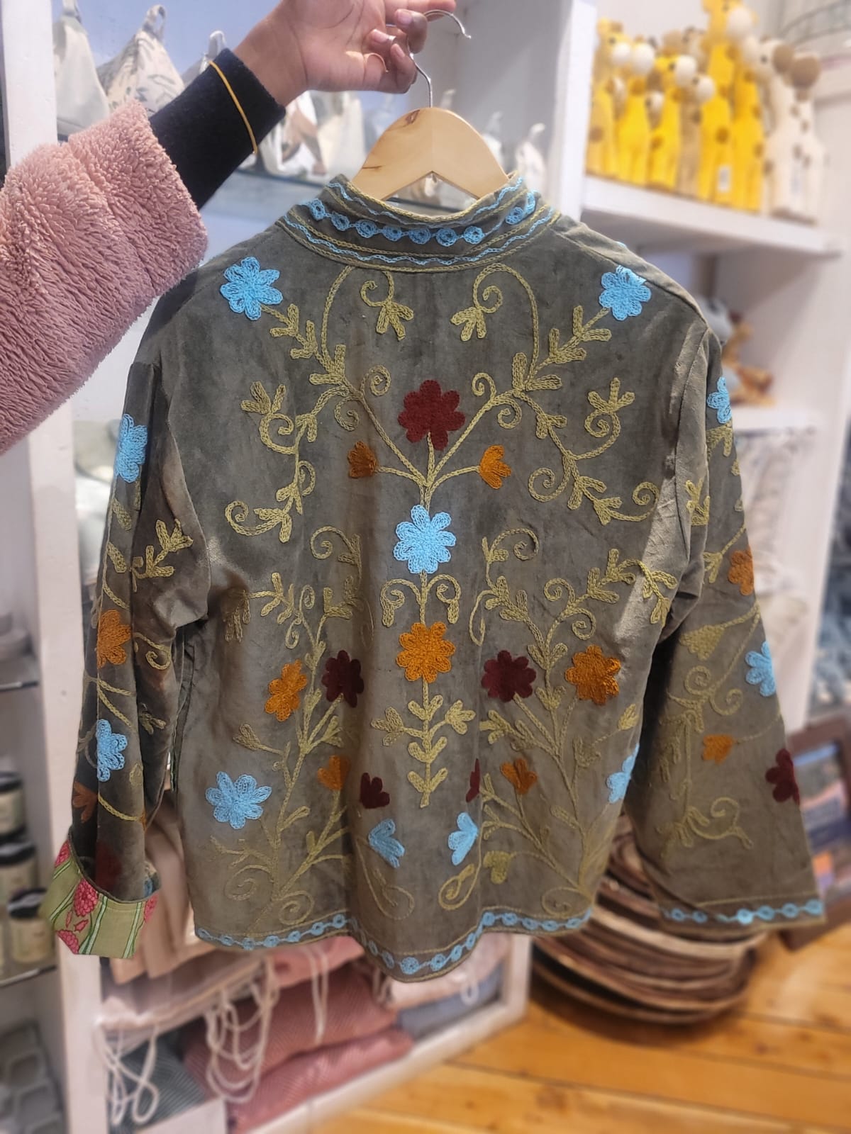 hse of saffron olive green jacket with blue/ orange flowers