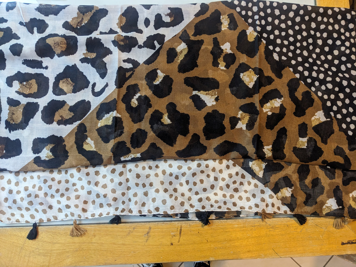 Jaguar print scarf with white and brown polka dots