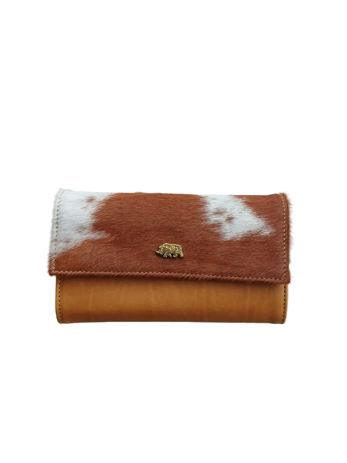 Savanna tan purse with hide flap and brass rhino