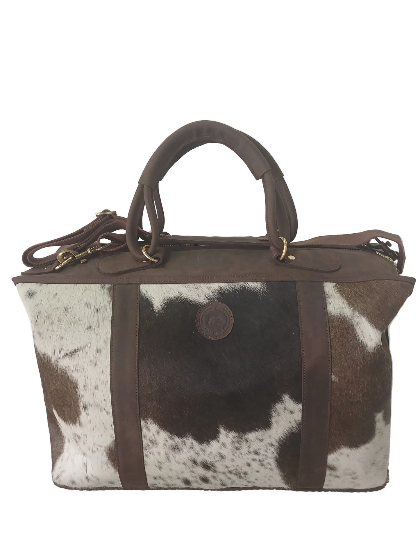 Mocca leather and hide duffel bag