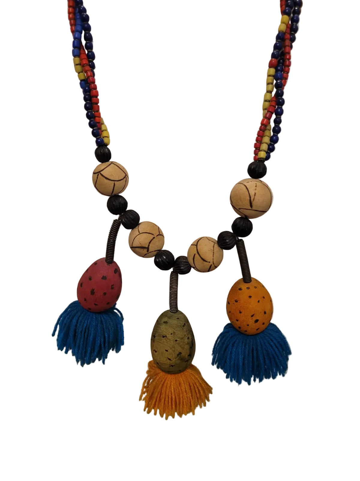Br red blue tacana bead necklace with painted egg shell and tassel